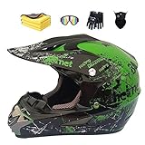 Motorradhelm,Motocross Helm,Helm Kinder,Helmets Kinder-Cross-Helm, Road Helm mit Handschuhe Maske Brille, ATV Helm,MTB green,57-58cm