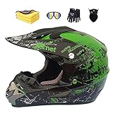 Motorradhelm,Motocross Helm,Helm Kinder,Helmets Kinder-Cross-Helm, Road Helm mit Handschuhe Maske Brille, ATV Helm,MTB green,57-58cm