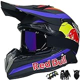 GENGJ Motorrad-Helm, Red Bull Motocross-Helm für Kinder und Erwachsene MTB-Helm integrierter ABS-Gehäuse und poröse Belüftung schneller Verschlussabnehmbarer Futter - Schwarz/Weiß,A,M