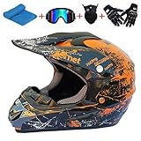 AKBOY Helme Kids Pro Kinderhelm Adult Crosshelm Schutzhelm Motorradhelm Kinder Quadhelm Kinder Cross BMX Helm Orange Regenschutz Kinderunterstützung mit Handschuhe Brille Handtuch Maske,L