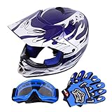 Samger DOT Jugend Kinder Offroad Helm Motocross Helm Dirt Bike ATV Motorrad Helm Handschuhe Brille(L,Blau)