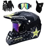 UIGJIOG Fullface Helm Mtb,Black/Rockstar Motocross Helm Kinder Für Mountainbike ATV BMX Downhill Offroad,Für Motorrad Crossbike Off Road Enduro Sport Jugend Motorrad Fahrrad Helm,M(54~55cm)